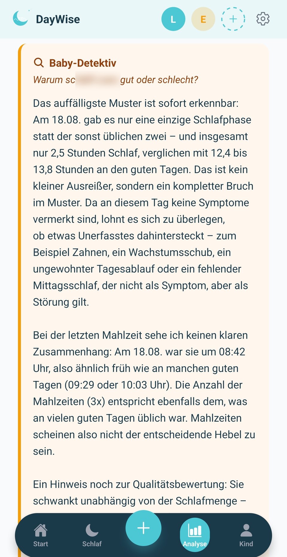 Baby-Detektiv Auswertung in der DayWise App