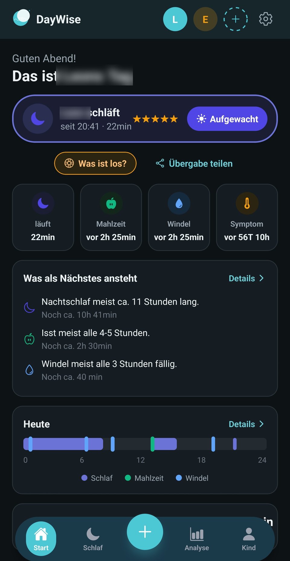 DayWise HomeScreen im Dark Mode