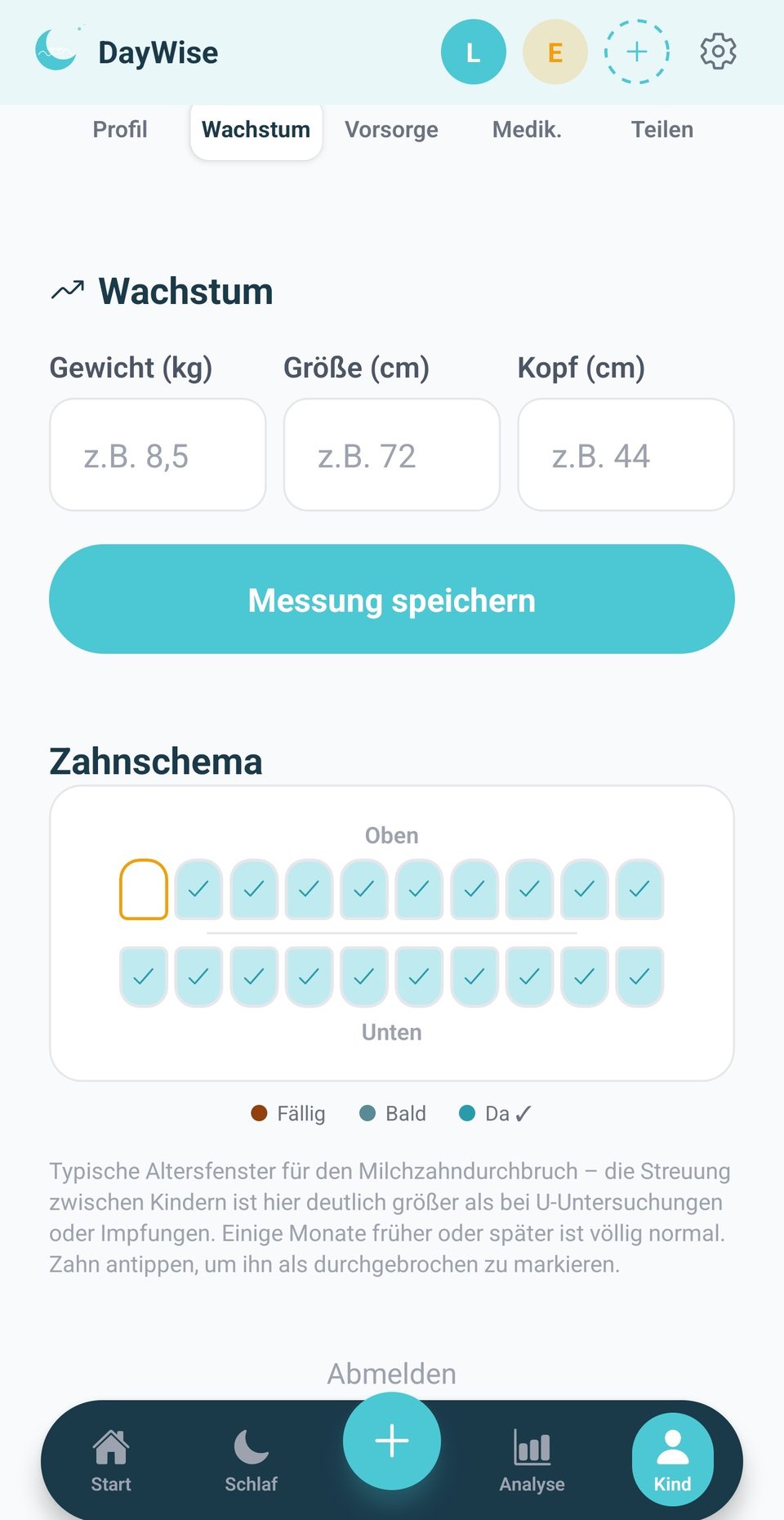 Wachstum, WHO-Perzentile und Zahnschema in der DayWise App